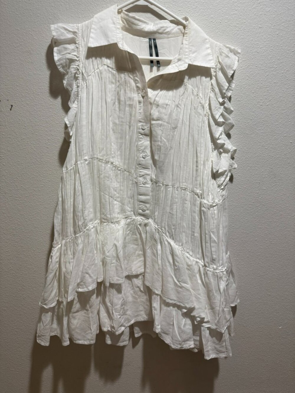 By Anthropologie Sleeveless Ruffle Mini Shirt Dress White